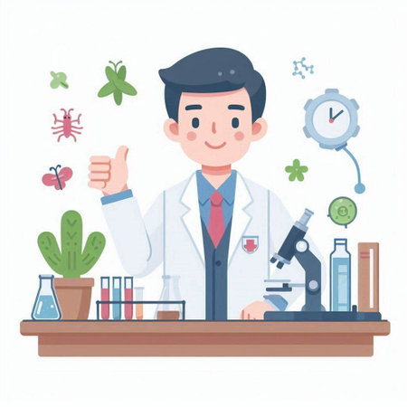 Scientist working in laboratory. Vector illustration in cartoon style on white background.のイラスト素材