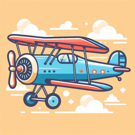 Vector illustration of retro airplane in flat cartoon style with clouds on background.のイラスト素材