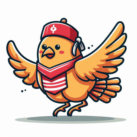 Cute cartoon chicken wearing a bandana and headphones. Vector illustration.のイラスト素材