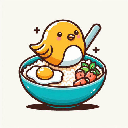 Illustration of a chicken in a bowl of rice with egg.のイラスト素材