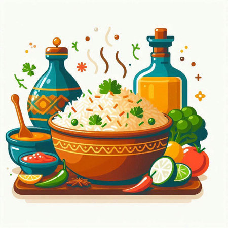 Illustration of bowl with rice and ingredients for cooking. Vector illustration.のイラスト素材