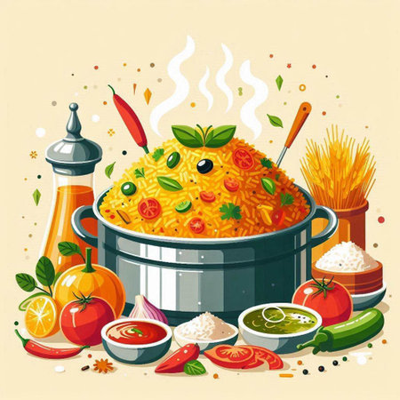 Vector illustration of pilaf with vegetables and spices in a pot.のイラスト素材