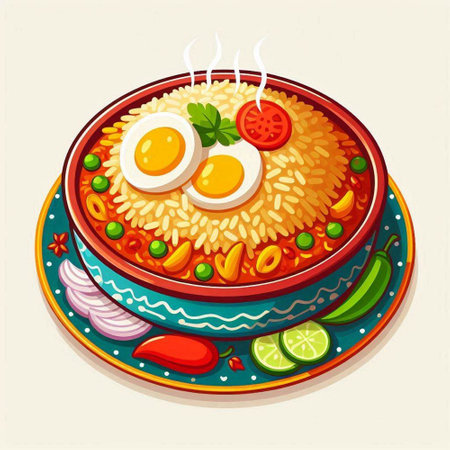 Illustration of a bowl of rice with fried eggs and vegetables.のイラスト素材