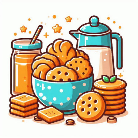 Vector illustration of a set of different types of cookies in a bowl with a glass of milk, a jar of cookies and a cup of tea.のイラスト素材
