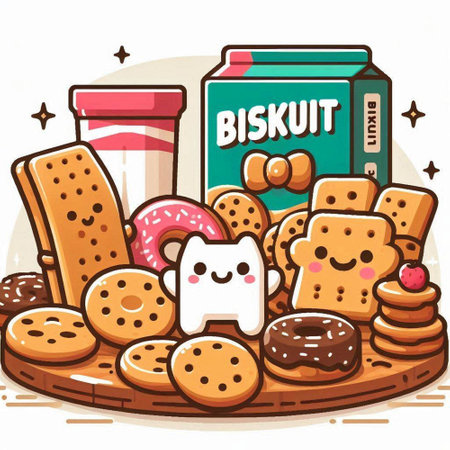 Illustration of a Cute Box of Biscuits and a Cup of Milkのイラスト素材