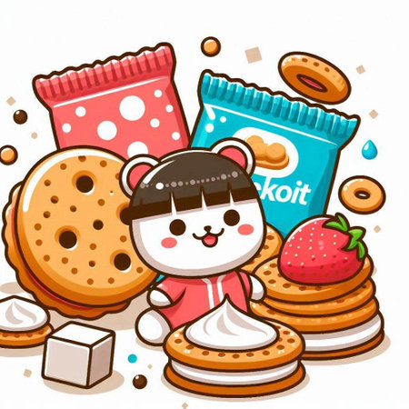 Illustration of a Cute Little Bear Eating a Stack of Cookiesのイラスト素材