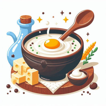 Bowl of porridge with egg, cheese and herbs. Vector illustrationのイラスト素材