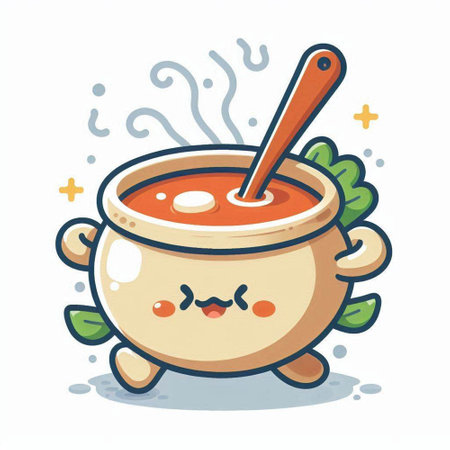 Cute cartoon soup in pot with spoon. Vector illustration isolated on white background.のイラスト素材
