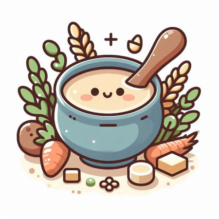 Cute vector illustration of bowl of soup with spoon and ingredients.のイラスト素材