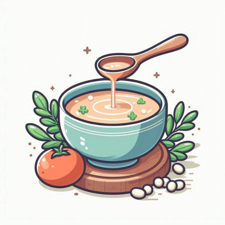 Tomato soup in a bowl with a spoon. Vector illustration.のイラスト素材