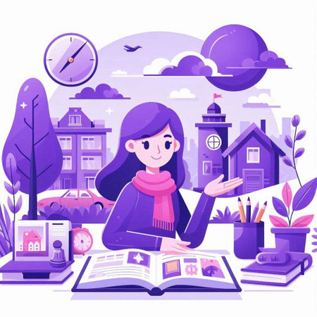 Vector illustration of a girl reading a book on the background of a city.のイラスト素材