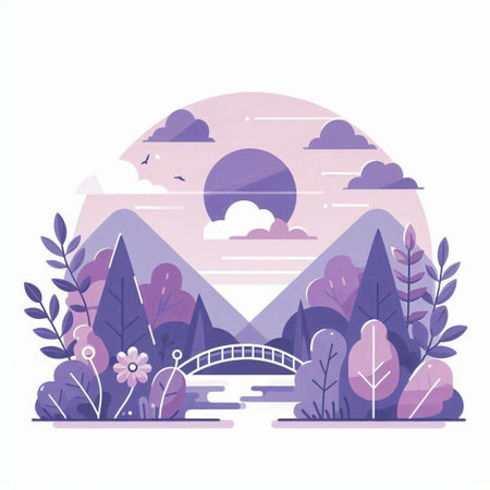 Landscape with trees and bridge over river. Vector illustration in flat styleのイラスト素材