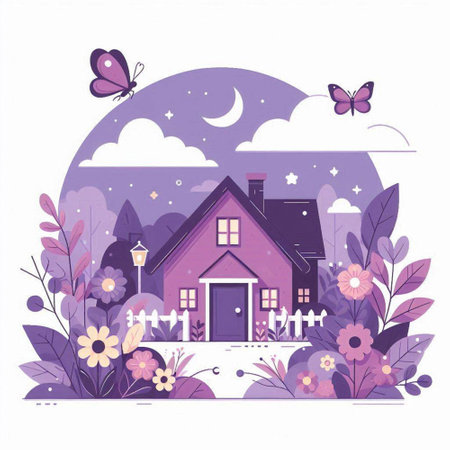 Vector illustration of a cute house with flowers and butterflies in the nightのイラスト素材