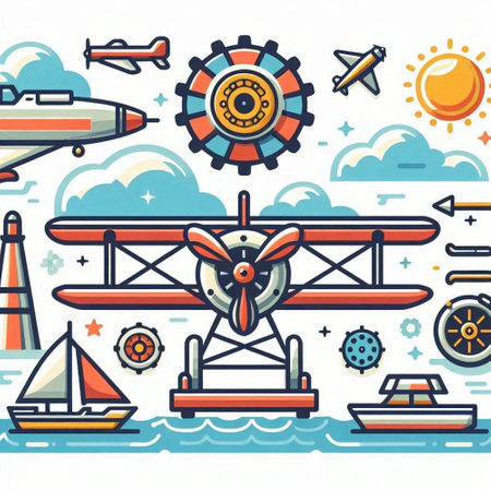 Seamless pattern with planes, ships and boats. Vector illustrationのイラスト素材