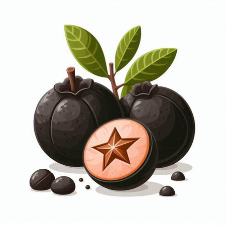 Mangosteen fruit with leaves and seeds. Vector illustration.のイラスト素材