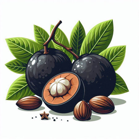 Mangosteen fruit with leaves and seeds. Vector illustration.のイラスト素材