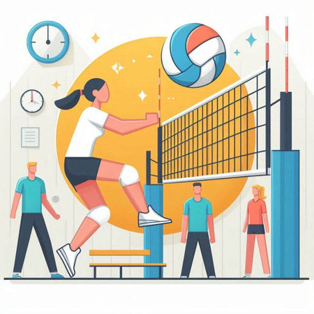 Volleyball game. Woman and men playing volleyball. Flat vector illustrationのイラスト素材