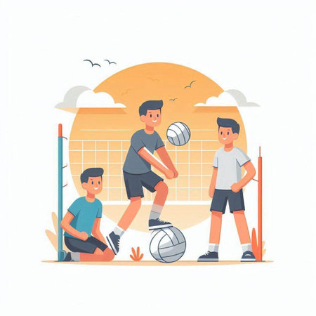 Children playing volleyball, flat vector illustration. Kids playing volleyball on court.のイラスト素材