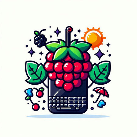 Mobile phone with a bunch of berries. Vector illustration in cartoon style.のイラスト素材