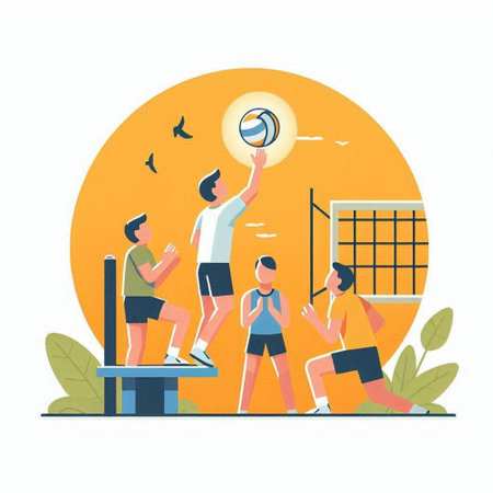 Volleyball players flat vector illustration. Team of young sportive men and women playing volleyball.のイラスト素材