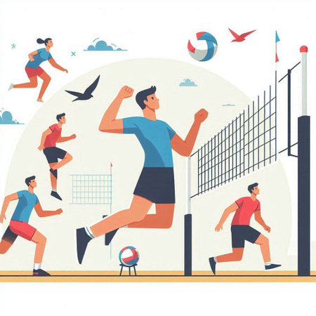 Vector illustration of a group of people playing volleyball on the court.のイラスト素材