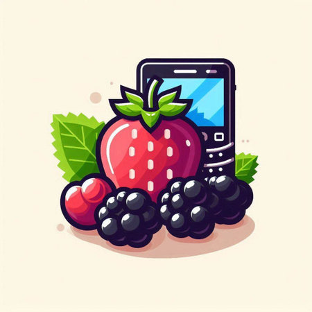Mobile phone with blackberry, strawberry and raspberry. Vector illustration.のイラスト素材