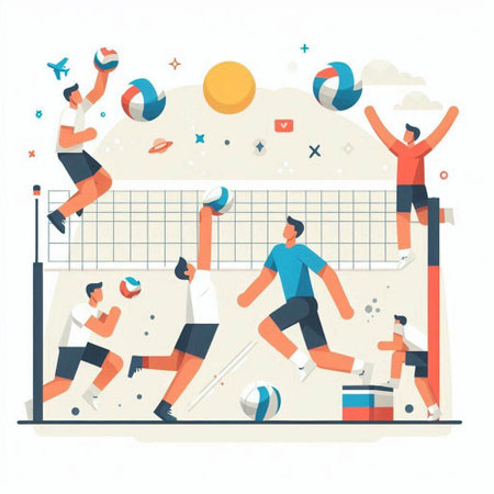 Volleyball players on court flat vector illustration. Men and women playing volleyball.のイラスト素材
