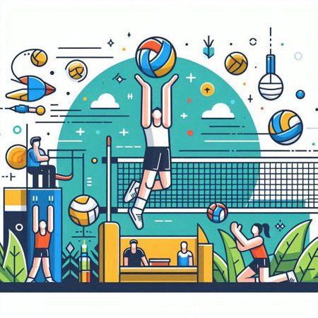 Volleyball sport game, flat line design vector illustration. Female volleyball player on the net.のイラスト素材