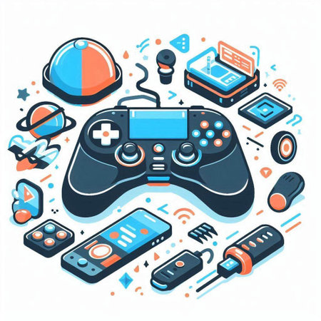 Vector isometric flat 3d illustration of gamepad, game controller, game console, headphones, gamepad, gamepad, joystick.のイラスト素材