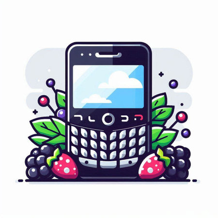 Mobile phone with fruits and berries. Vector illustration in flat style.のイラスト素材