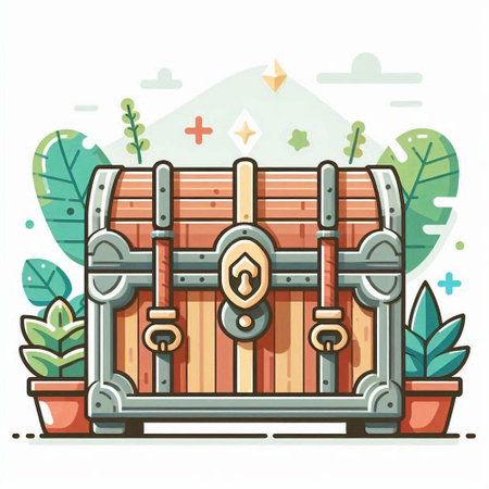 Wooden treasure chest on the background of nature. Vector illustration.のイラスト素材