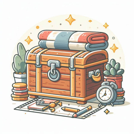 Treasure chest with towels, alarm clock and cactus. Vector illustration.のイラスト素材