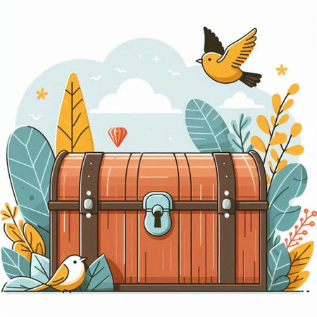 Treasure chest with birds, leaves and flowers. Vector illustration.のイラスト素材