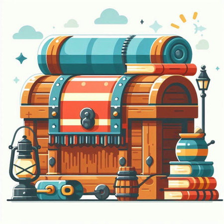 Vector illustration of a pirate treasure chest with a lantern, books and barrels.のイラスト素材