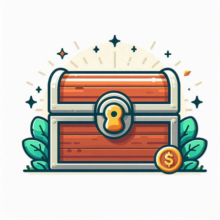 Treasure chest with keyhole and coin. Vector cartoon illustration.のイラスト素材