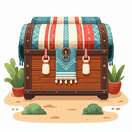 Wooden chest on the sand. Vector illustration in cartoon style.のイラスト素材
