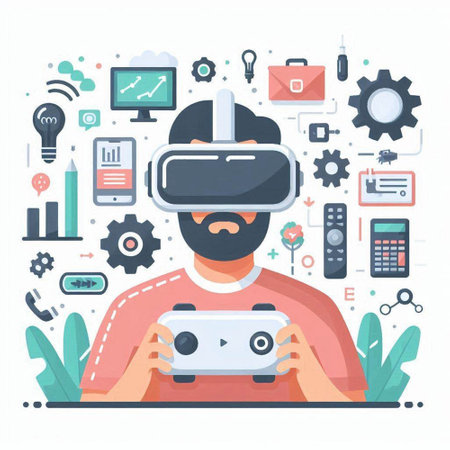 Man with virtual reality headset. Future technology concept. Vector illustration in flat styleのイラスト素材