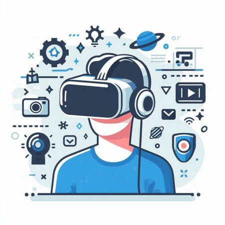 Man wearing virtual reality goggles. Future technology concept. Vector illustration.のイラスト素材