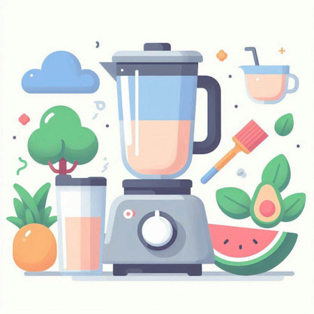 Vector illustration of blender with ingredients for making smoothies. Flat style.のイラスト素材
