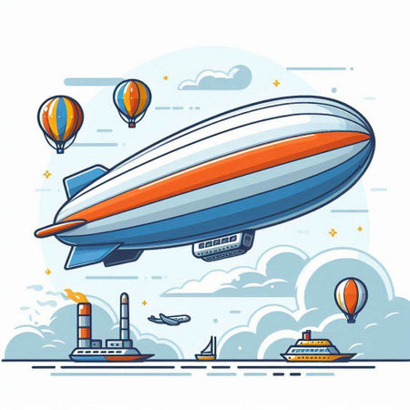 Airship and air transport. Vector illustration in line art style.のイラスト素材