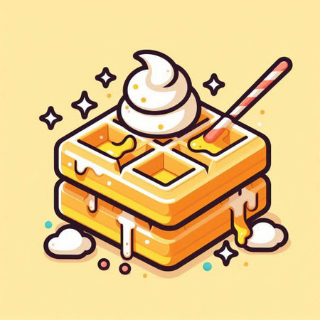 Vector illustration of a waffle with whipped cream and ice cream.のイラスト素材