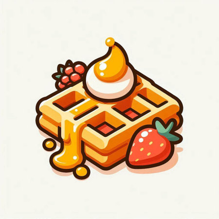 Belgian waffles with ice cream, berries and syrup. Vector illustration.のイラスト素材
