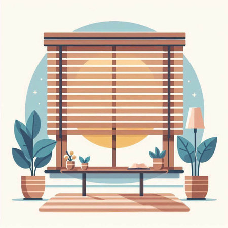 Window with blinds and plants. Vector illustration in flat style.のイラスト素材