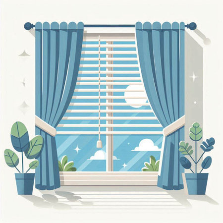 Window with blue curtains and flowers. Vector illustration in flat style.のイラスト素材