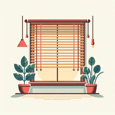 Window with blinds and plant. Vector illustration in flat style.のイラスト素材