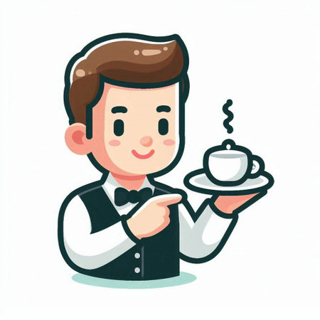 Waiter holding a cup of coffee. Vector illustration in cartoon style.のイラスト素材
