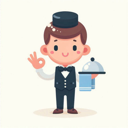 Illustration of a cute cartoon waiter holding a tray of food.のイラスト素材