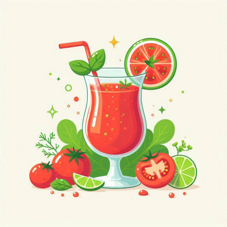 Cocktail with lime, tomato and herbs. Vector illustration.のイラスト素材