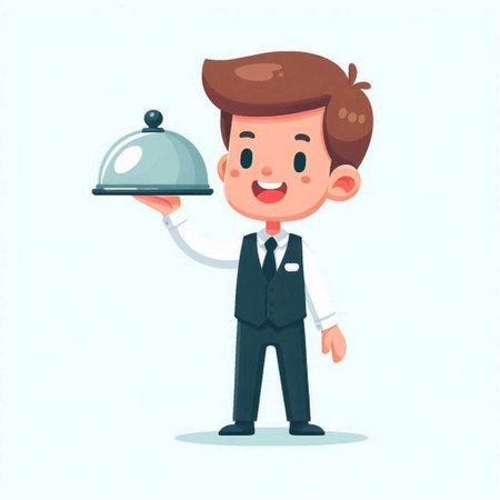 Waiter holding a silver platter. Vector illustration in cartoon styleのイラスト素材