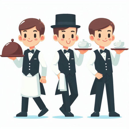 Waiter and waiter holding a tray of food. Vector illustration.のイラスト素材